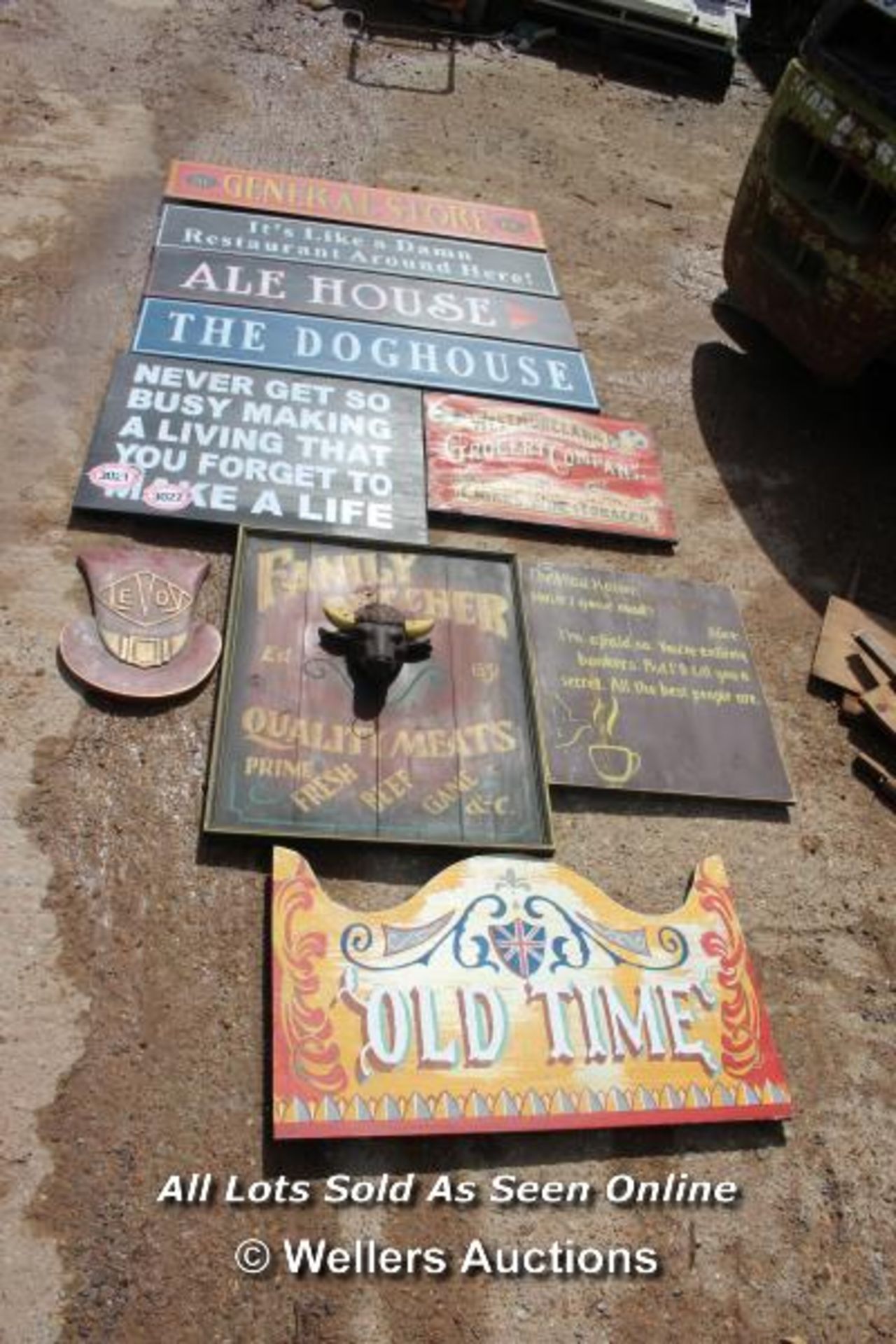 *TEN VARIOUS WOODEN SIGNS INCLUDING 'ALE HOUSE' AND 'THE MAD HATTER'