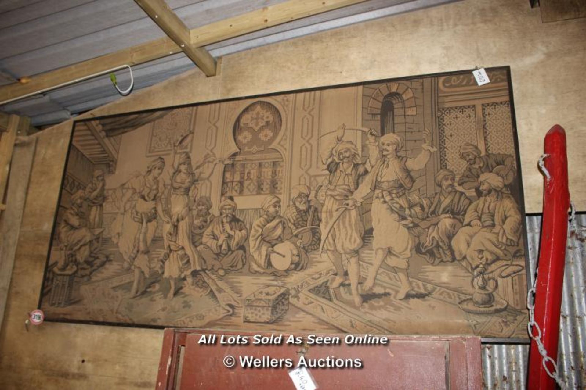 *VERY LARGE TAPESTRY SCENE, SMALL DAMAGE, 258CM LONG X 126CM HIGH