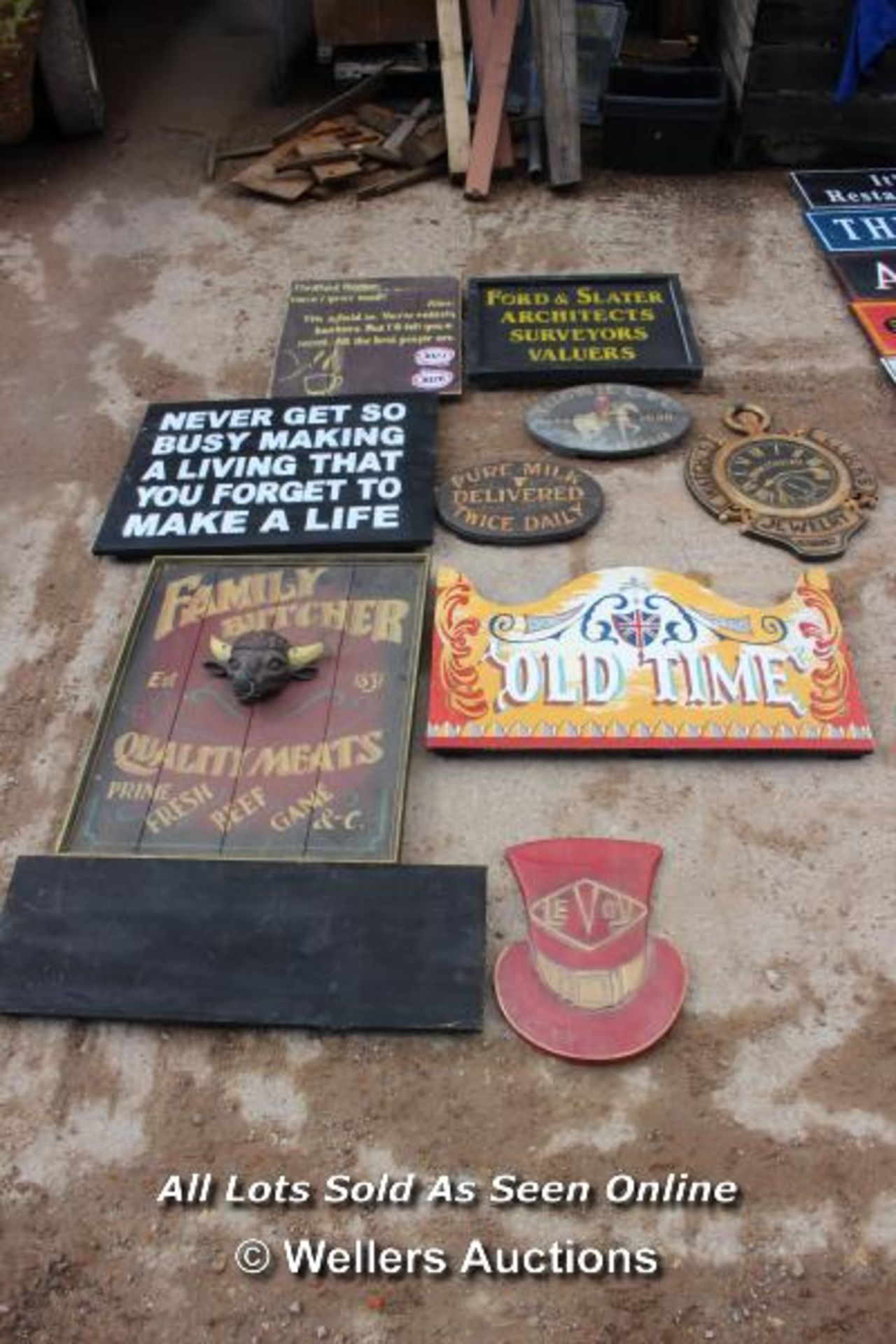 *TEN VARIOUS WOODEN SIGNS INCLUDING 'FORD AND SLATER' AND 'WATCHES, CLOCKS AND JEWELLERY'