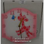 SAWDUST FACTORY, CHILDS CLOCK,QUARTZ, PINK GIRAFFE / APPEARS TO BE NEW - OPENED BOX