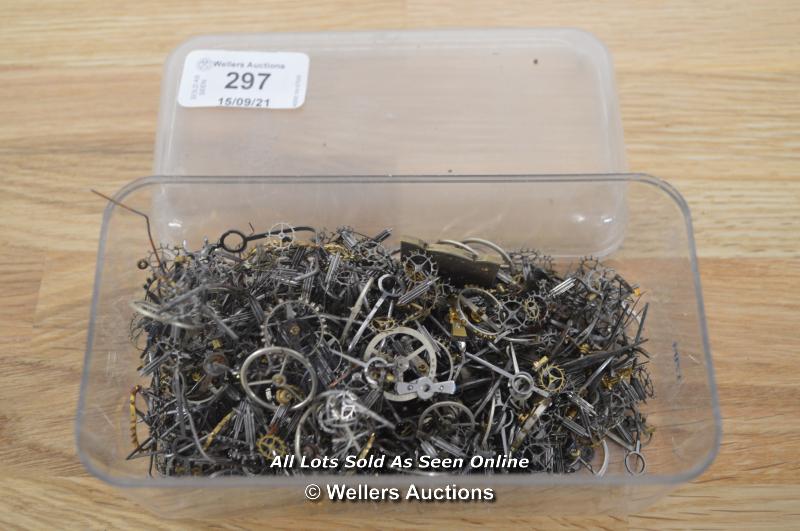 BOX OF MIXED USED PARTS INCLUDING ESCAPEMENTS,HAIRSPRINGS.