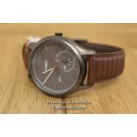 *GENTS WATCH,TIMEX IQ+,QUATRZ MOVEMENT,GREY BATTON DIAL,COATED CASE ON BROWN LEATHER PINBUCKLE