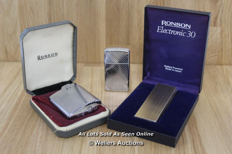 THREE ASSORTED LIGHTERS INCLUDING RONSON VARAFLAME ELECTRONIC 30, RONSON FLINT LIGHTER AND ZIPPO