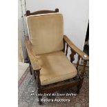 ANTIQUE HAND BUILT SOLID ENGLISH OAK FAMILY CHAIR WITH ADJUSTABLE BACK, SEAT 26 CM HIGH, BACK 92CM