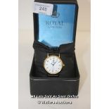 GENTS,ROYAL LONDON,QUARTZ WATCH,WHITE BATTON DIAL WITH DATE ON BROWN CROC STYLE STRAP,WR50 METERSH36