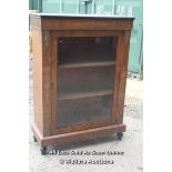 ANTIQUE INLAID THREE SECTIONED BOOK CASE WITH LOCKABLE GLASS FRONT AND BRASS FITTINGS. 75CM WIDE,