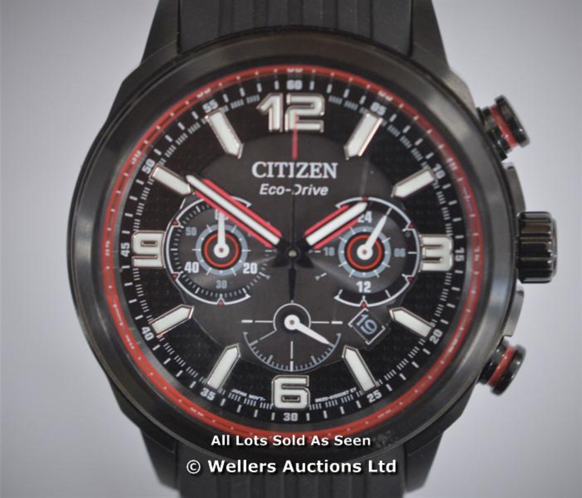 *GENTS CITIZEN ECO-DRIVE CHRONOGRAPH, QUARTZ MOVEMENT, BLACK HALF ARABIC HALF BATTON HOBNAIL EFFECT - Image 3 of 5