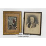 TWO SMALL ANTIQUE PRINTS, PORTRAIT OF DR WALSHAM HOW AND COURT HOUSE SCENE (DAMAGED)