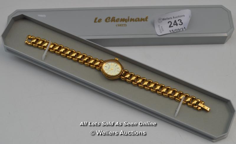 LADIES ,LE CHEMINANT,QUARTZ WATCH,CHAMPAGNE BATTON DIAL,YELLOW CASE AND BRACELET / APPEARS TO BE NEW