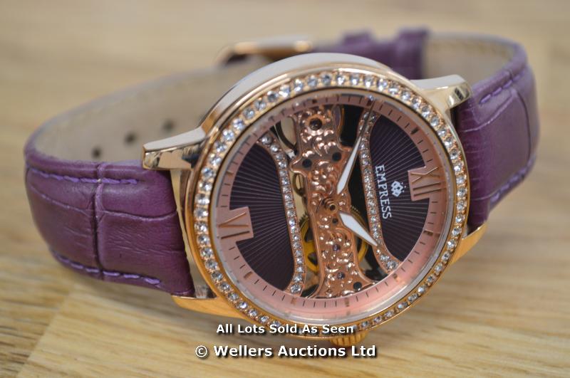 *LADIES EMPRESS WATCH, ROSE COLOURED CASE, MANUAL MOVEMENT, STONE SET BEZEL AND DIAL, CLEAR CASE