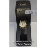 LADIES ,LIMIT,QUARTZ WATCH ,MOTHER OF PEARL BATTON DIAL,STONE SET 12 OCLOCK HOUR MARKER , YELLOW