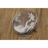 VINTAGE CAMEO PIN BROOCH SET IN WHITE METAL WITH ROPE EFFECT EDGE