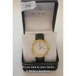 GENTS,ROYAL LONDON,QUARTZ WATCH,CREAM BATTON DIAL WITH DATE,YELLOW CASE WITH COIN EDGE BEZEL ON