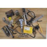 BOX OF MIXED, ASSORTED CLOCK/WATCH MAKERS TOOLS,CASE OPENER,CLCOK SPANNERS,DRILL BITS,CALLIPERS,