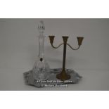 LARGE CHRISTAL DECANTER WITH LID ( 40 CM HIGH ) , BRASS CANDLESTICK AND TRAY