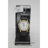 GENTS,TIMECO,QUARTZ WATCH,WHITE ARABIC DIAL WITH DATE, YELLOW METAL CASE, WR30 METERS ON BLACK