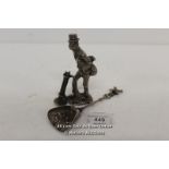 PEWTER CHIMNEY SWEEP FIGURE AND BRUSHES ,WHITE METAL SERVING SPOON (DUTCH)
