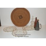 CUT GLASS DECANTER, THREE ROYAL CROWN DERBY PLATES, VINTAGE LAMP AND BOTTLE WITH RATTAN TRAY