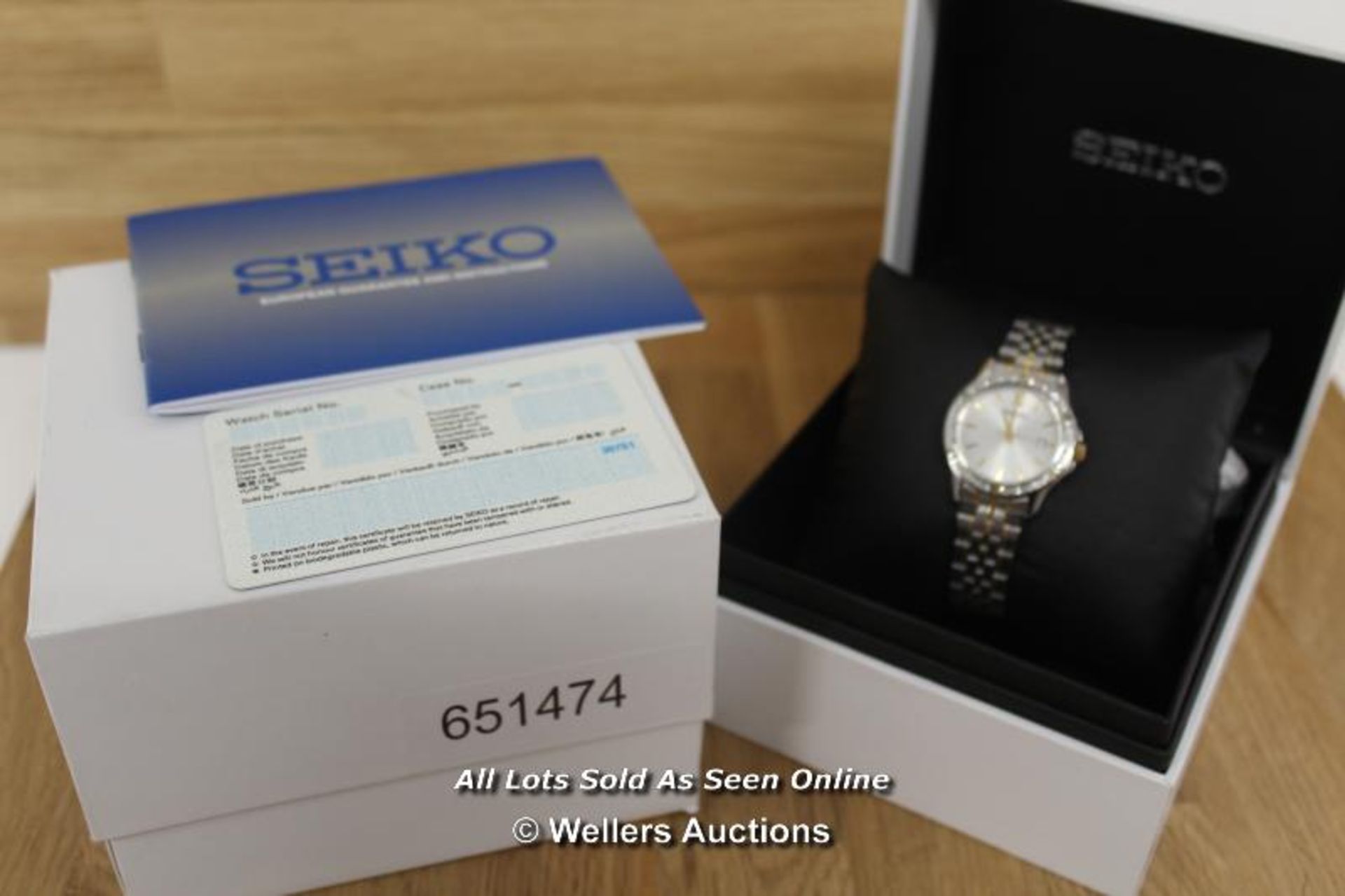 *SEIKO LADIES WATCH, QUARTZ MOVEMENT,STEEL AND YELLOW CASE AND BRACELET,SILVER SUNBURST BATTON DIAL - Image 2 of 2