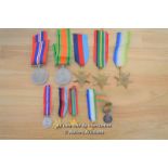 COLLECTION OF ALLIED WW2 SERVICE MEDALS INCLUDING THREE SERVICE STARS WITH RIBBONS, DEFENCE MEDAL,