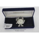 LADIES ,IMPERIAL NOVELTY WATCH, QUARTZ MOVEMENT,WHITE ARABIC DIAL,WHITE METAL CASE AND CLIP /