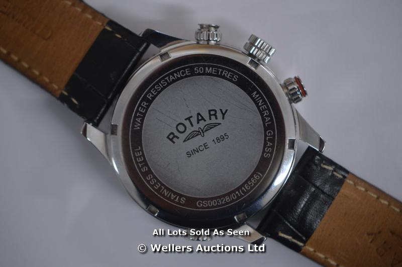 *GENTS ROTARY STEEL CHRONOGRAPH ,SILVER BATTON DIAL WITH DATE,QUARTZ MOVEMENT, BLACK LEATHER PIN - Image 4 of 5