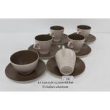 POOLE POTTERY, 5X CUPS AND MATCHING SAUCERS, SUGAR BOWL AND SAUCER, MILK JUG,CAPPUCHINO BROWN