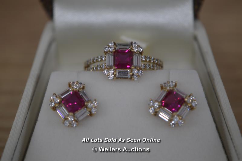 LADIES SYNTHETIC RUBY AND CUBIC ZERCONIA SET RING AND MATCHING EARRINGS, 9CT YELLOW GOLD, ROUND - Image 3 of 3
