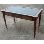 ANTIQUE THREE DRAWER LEATHER TOP WRITING DESK ON TURNED LEGS AND CASTERS, 125CM WIDE, 65CM DEEP,