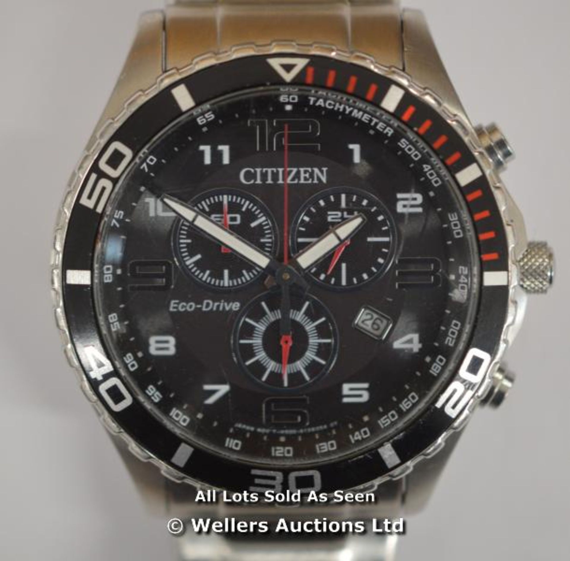 *GENTS CITIZEN ECO-DRIVE CHRONOGRAPH,QUARTZ MOVEMENT, BLACK ARABIC DIAL WITH DATE, BRUSHED AND - Image 3 of 5