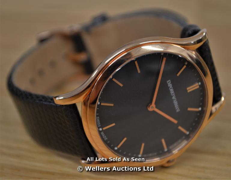 *UNISEX ARMANI,SLIM LINE MODEL,ROSE GOLD PLATTED CASE,GREY BATTON DIAL WITH ROSE GOLD BATTONS