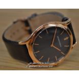*UNISEX ARMANI,SLIM LINE MODEL,ROSE GOLD PLATTED CASE,GREY BATTON DIAL WITH ROSE GOLD BATTONS