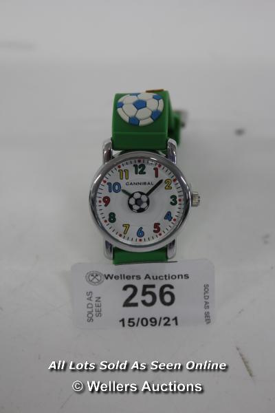 CHILDS,CANNIBAL FOOTBALL WATCH,GREEN RUBBER STRAP / APPEARS TO BE NEW - OPENED BOX