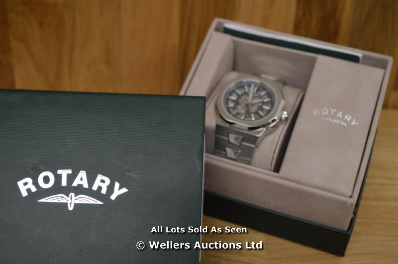 *GENTS ROTARY REGENT OAK, 40MM BRUSHED AND POLISHED MULTI FACETTED CASE AND BRACELET, SKELETON BLACK - Image 5 of 5