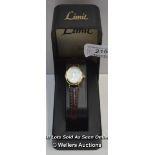 LADIES ,LIMIT,QUARTZ WATCH,ARABIC BATTON MOTHER OF PEARL DIAL,STEEL AND YELLOW CASE ON BROWN LEATHER