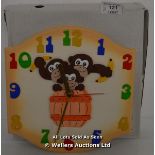 SAWDUST FACTORY, CHILDS CLOCK,QUARTZ, 3 CHEEKY MONKEYS / APPEARS TO BE NEW - OPENED BOX