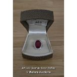LADIES OVAL CUT RUBY AND DIAMOND RING SET IN 18CT WHITE GOLD , TOTAL DIAMOND WEIGHT 88PTS, RUBY