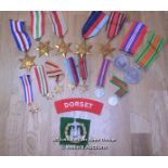 DORSET REGEMENT,BRITISH ALLIED WW2 SERVICE MEDALS WITH MATCHING MINITURES ,REGT SHOULDER FLASH AND