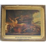 A LARGE ANTIQUE PAINTING 'STILL LIFE OF DEAD GAME AND A CURIOUS KING CHARLES SPANIEL' UNSIGNED,