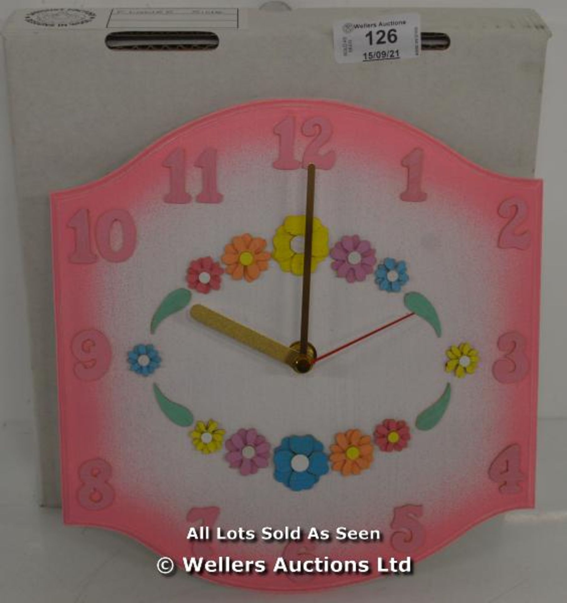 SAWDUST FACTORY, CHILDS CLOCK,QUARTZ, FLOWER RING / APPEARS TO BE NEW - OPENED BOX