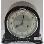 ENFIELD,MECHANICAL MANTLE CLOCK IN DARK WOOD, SILVER TWO TONE ARABIC DIAL, RESTORATION NEEDED