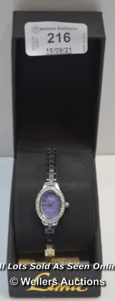 LADIES ,LIMIT,QUARTZ WATCH,PURPLE ARABIC DIAL,STEEL CASE AND BRACELET, STONE SET BEZEL / APPEARS TO