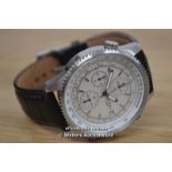 *GENTS ROTARY STEEL CHRONOGRAPH ,SILVER BATTON DIAL WITH DATE,QUARTZ MOVEMENT, BLACK LEATHER PIN