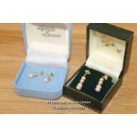 1X 9CT FRESH WATER PEARL EARRINGS SET WITH BLUE STONE, 1X 9CT BUTTON PEARL DROP EARRINGS