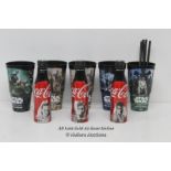 3X COLLECTABLE STAR WARS THE LAST JEDI UN-OPENED COCA COLA BOTTLES AND 4X ROGUE ONE CINEMA CUPS (