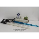 FIVE TOY LIGHTSABERS R2-D2 TOY - 20CM HIGH, YODA CUP TOP AND STORMTROOPER LIGHT