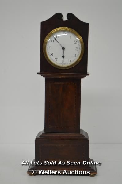 *FRENCH MINIATURE FLAME MAHOGANY GRANDFATHER CLOCK WITH PLATFORM ESCAPE / WITH KEY / 39CM HIGH [