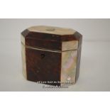 *VERY PRETTY ORIGINAL ANTIQUE FAUX TORTOISESHELL AND MOTHER OF PEARL TEA CADDY / 9.5CM HIGH, WITHOUT
