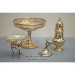 FOUR SILVER ITEMS INCLUDING SUGAR CASTER