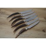 *SET 6 UNUSED STAG ANTLER HORN HANDLED STEAK KNIVES HARRISON FISHER SHEFFIELD [LQD215]